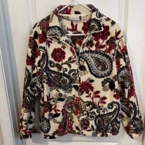 Alfred Dunner Cream Teddy Jacket with Red and Brown Paisley Floral Print